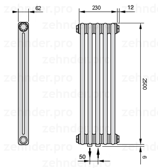 Схема (чертеж) Радиатор Zehnder Charleston 2250/5 №5410 Белый глянцевый RAL 9016